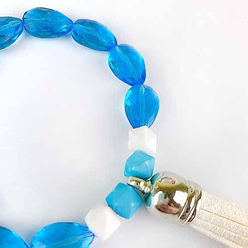 Blue and White Glass Bead Stretch Fashion Bracelet with Tassel