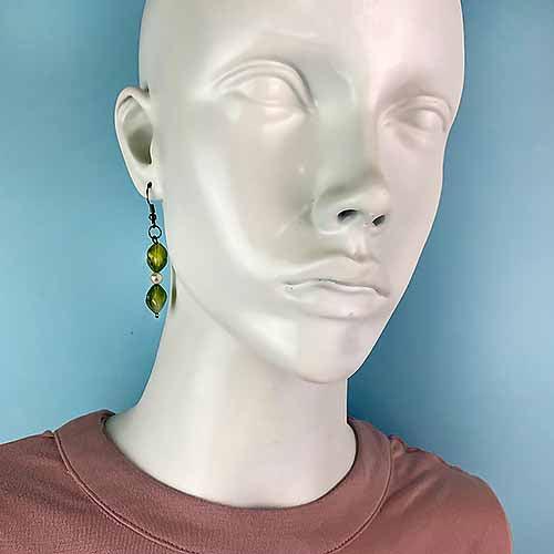 Double Drop Green Glass Bead Dangle Earrings