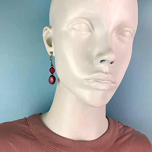 Double Drop Pink Glass Bead Stud Dangle Earrings