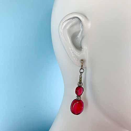 Double Drop Pink Glass Bead Stud Dangle Earrings - Red Instead - Handmade in Canberra, Australia