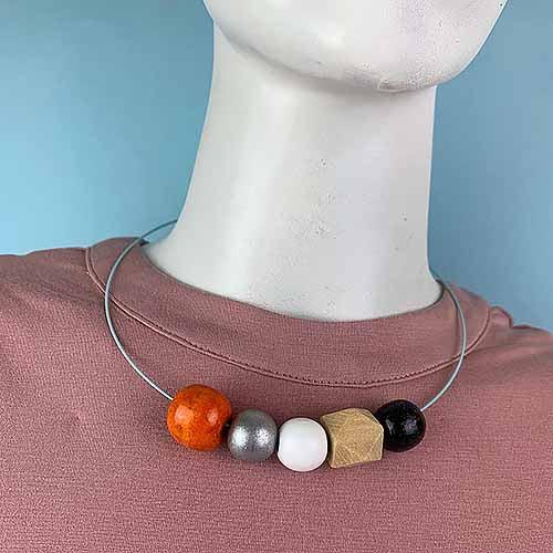Five Bead Signature Statement Fashion Necklace on Blue Necklet - Red Instead - Handmade in Canberra, Australia
