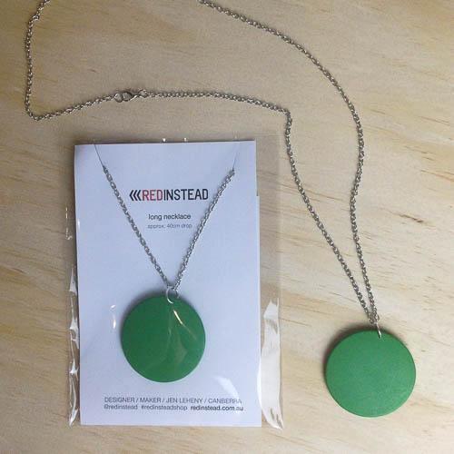 Green Disc Statement Fashion Necklace on Long Chain - Red Instead - Handmade in Canberra, Australia