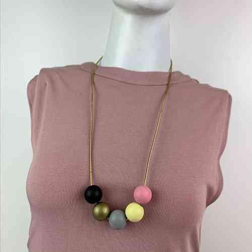 Pastel Beads on Gold Cord Necklace - Red Instead - Handmade in Canberra, Australia