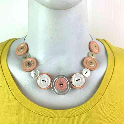 Pink and White Button Statement Fashion Necklace
