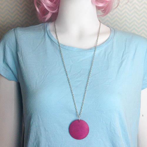 Pink Disc Statement Fashion Necklace on Long Chain