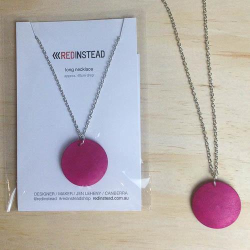 Pink Disc Statement Fashion Necklace on Long Chain - Red Instead - Handmade in Canberra, Australia