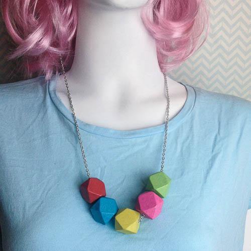 Rainbow Geometric Beads on Long Chain Statement Fashion Necklace