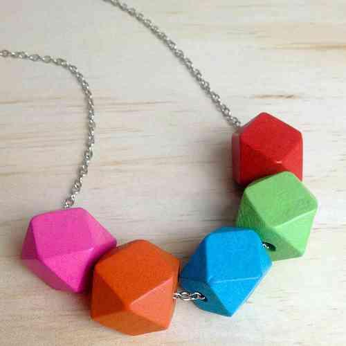 Rainbow Geometric Beads on Long Chain Statement Fashion Necklace - Red Instead - Handmade in Canberra, Australia