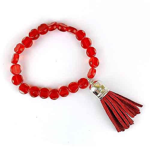 Red Glass Bead Strectch Fashion Bracelet with Tassel - Red Instead - Handmade in Canberra, Australia