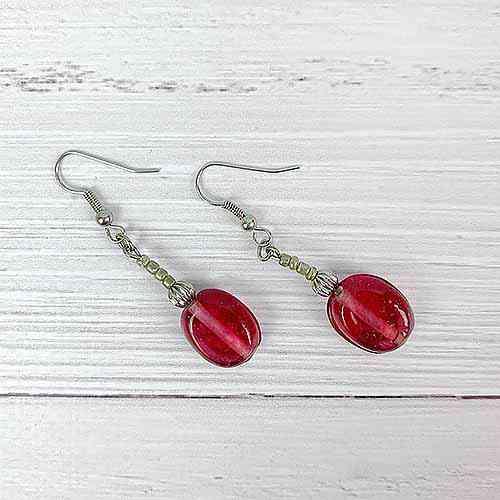 Single Drop Pink Glass Bead Dangle Earrings - Red Instead - Handmade in Canberra, Australia
