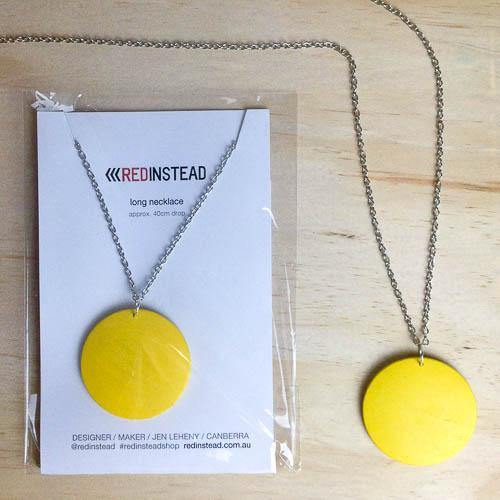 Yellow Disc Statement Fashion Necklace on Long Chain - Red Instead - Handmade in Canberra, Australia